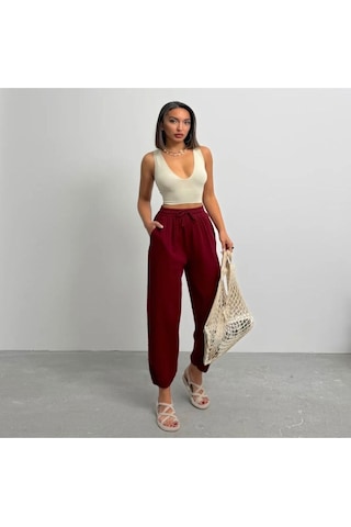 Keten Yumoş Günlük Rahat Kapi Pantolon Bordo