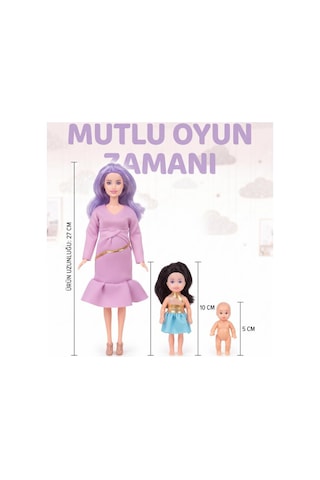 Hamile Anne Ve Bebekleri 3 Bebekli Dönen Karınlı Haraketli Eklemli Aksesuarlı Oyuncak Bebek Seti Mor