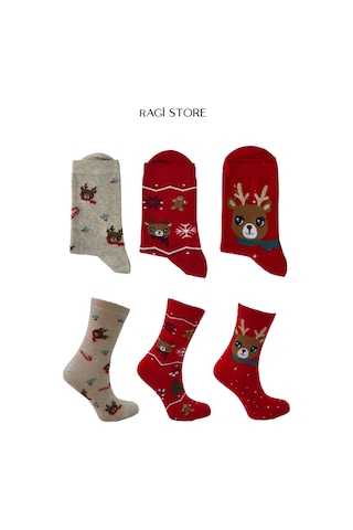 Ragi Store 6'lı Yılbaşı Desen Penye Dikişsiz Kadın Soket Çorap Çok Renkli