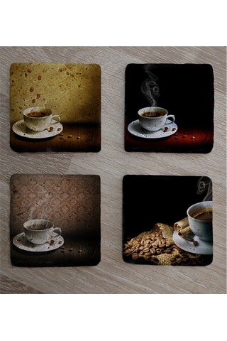 Bardakta Sıcak Kahveler Doğal Taş Bardak Altlığı 4'lü Set - Natural Stone Coasters - Taş Çok Renkli