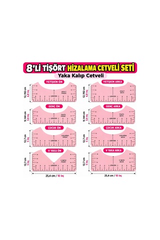 Sge Teknoloji 8 Li Yaka Kalıbı Cetveli Profesyonel Tişört Hizalama Cetveli Pembe
