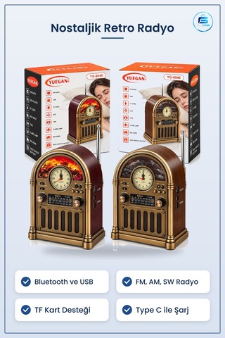 Nostaljik Radyo Saatli Retro Şömine Hoparlör Bluetooth Usb Type C