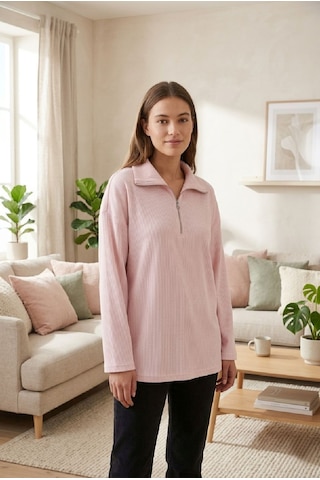 U&me Yarım Fermuar Dik Yakalı Fitil Dokulu Yumuşak Triko Kadın Sweatshirt Şık Ve Rahat Günlük Üst Toz Pembe Çok Renkli