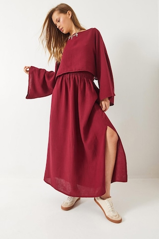 Shade Kadın Yarasa Kol Croplu Beli Lastikli Yırtmaç Detay Etekli Müslin Takım 9280 60281002 - Bordo