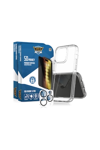 Buff Apple iPhone Uyumlu 15 Pro - 2x5d Ekran Koruyucu + Şeffaf Kılıf + Lens Koruyucu Privacy Hayalet