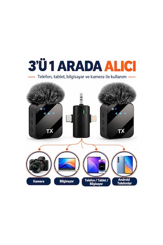 Kablosuz Yaka Mikrofonu 2 Li Mikrofon 3 İn 1 Wireless Microphone