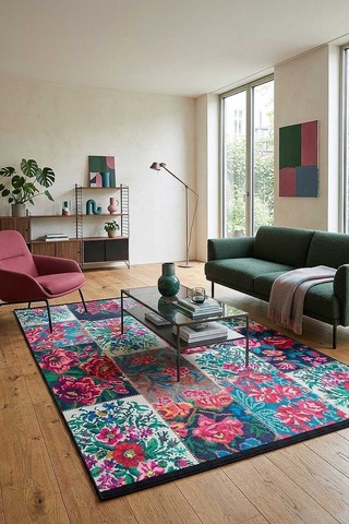 Patchwork Desen Dokuma Pamuk Taban Dijital Dekoratif Halı Beyaz