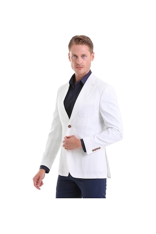 Hatemoğlu Beyaz Comfort Fit Düz Mono Yaka Casual Keten Ceket Beyaz