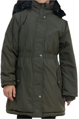 Kız Çocuk Haki Beli Lastikli Kapüşonu Kürklü Kol Ucu Ribanalı Fermuar Çıtçıt Kapamalı Midi Boy Mont Haki