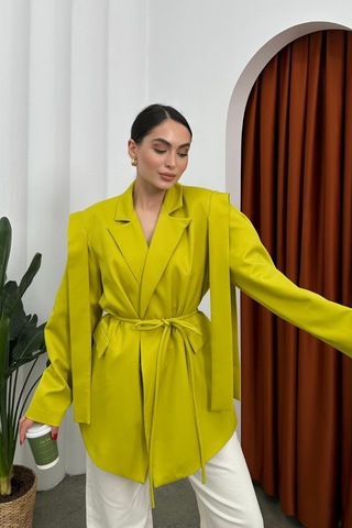 Msm Fashion Kadın Oversize Blazer Ceket Kuşaklı Omuz Detaylı Limon Yeşili Yeşil