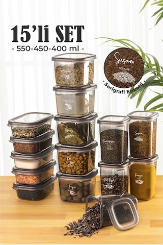 Vienev 15li Süper Set Baharat Saklama Kabı Seti Avantajlı Paket 5x 0,40, 0,45, 0,55 L Etiketli Şeffaf
