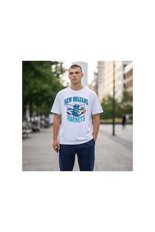 Urbantrendstore Unisex New Orleans Hornets Oversize Fit Rahat Geniş Salaş T-shirt Günlük Tişört Beyaz