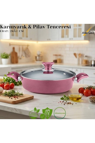 26 Cm Granit Karnıyarık & Pilav Tenceresi Cam Kapak - Mürdüm Mürdüm