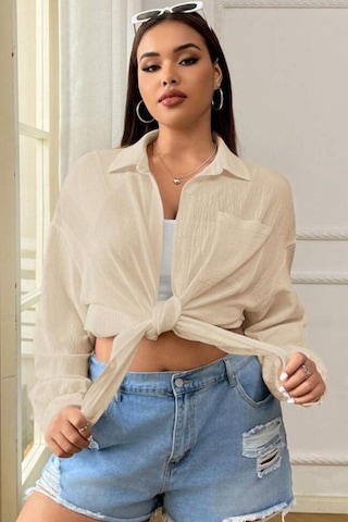 Trendseninle Kadın Bej Tek Cepli Bürümcük Oversize Gömlek Bej