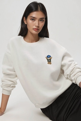 Hiccup İşlemeli Pamuklu Sweatshirt Tozlu Beyaz