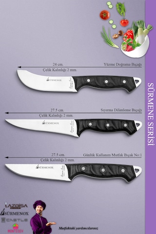 Sürmene Serisi Mutfak Bıçak Seti Et Ekmek Sebze Salata Bıçağı 3 Lü Set Siyah Mft-132 Siyah