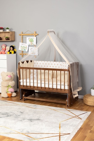 Ahşap Beşik Anne Yanı Beşik Ceviz 60x120 Krem Prens Erkek Uyku Seti Yatak Ceviz