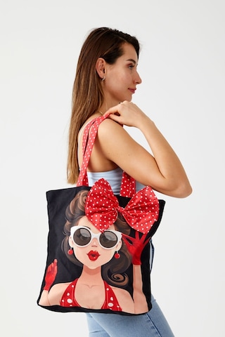 Kadın Kırmızı Siyah Puantiyeli Popart Bez Plaj Çantası Kırmızı - Siyah