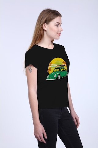 Kadın Siyah Ön Araba Baskılı V Yaka Tshirt Siyah