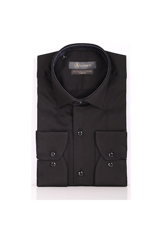 Aclassics Erkek Siyah Slim Fit Saten Pamuk Cepsiz Gömlek
