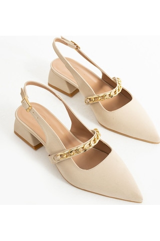 Duxal Shoes Violet Kısa Topuk Zincir Detaylı Klasik Topuklu Ayakkabı - Babet Bej
