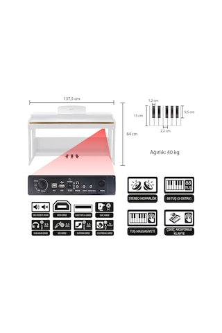 Jwin Sapphire Sdp-214 Çekiç Aksiyonlu 88 Tuşlu Dijital Piyano + Tabure - Beyaz