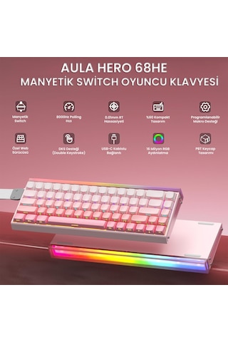 Aula Hero 68 He Manyetik Klavye Rapid Trigger Black King Switch 8000hz Rgb Neon Tkl Hot Swap Oyuncu Klavyesi Pembe
