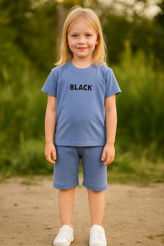 Black Baskı Fitillli Şortlu Basic Kız Erkek Çocuk Yazlık Şortlu Takım Koyu Lila