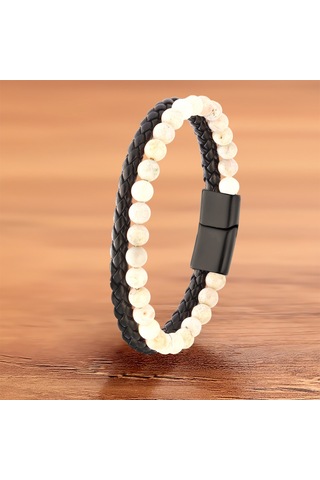 Akik Doğaltaş Doğal Deri Ve Çelik Erkek Bileklik Csr2220080 Siyah - Beyaz
