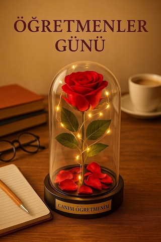 Sevgiliye Eşe Öğretmenler Gününe Anlam Katan Özel Fanusta Led Işıklı Canım Öğretmenim Hediye Biblosu