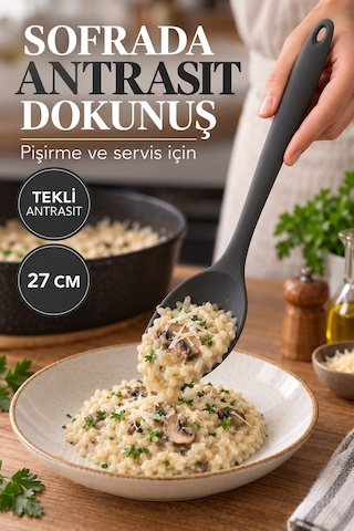 Tekli Antrasit Büyük Boy Silikon Kaşık 27 Cm Mutfak Yemek Pişirme Ve Servis Kaşığı Mutfak Yardımcısı