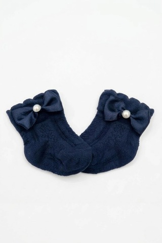 Cocole Socks Kız Çocuk Aksesuarlı Soket Çorabı Tekli Pamuklu Fiyonklu Lacivert Desenli