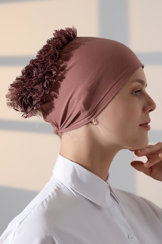 Kadın Fırfırlı Güpürlü Tesettür Topuz Bone - Gül Kurusu Gülkurusu