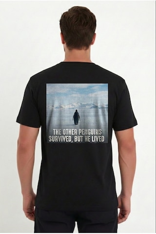 Barlashive Erkek T-shirt Penguen Baskılı Bisiklet Yaka Kısa Kol Yazlık Tişört - Siyah Çok Renkli