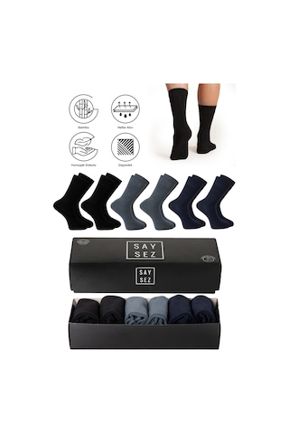 Saysez Bambu Erkek Soket Uzun Asorti Çorap Dikişsiz Premium Kutulu 6'lı Siyah - Lacivert - Füme
