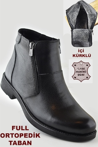 Tab3406 İçi Kürklü Hakiki Deri Erkek Bot Ayakkabı Ortopedik Taban Fermuarlı Deri Bot Siyah
