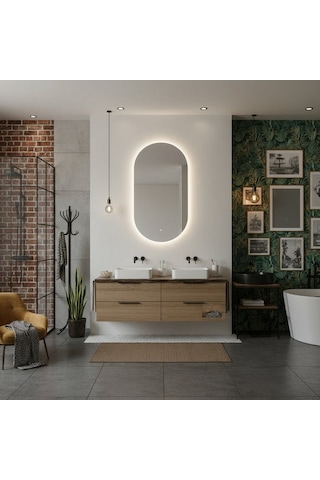 65x116 Cm Modern Oval Led Banyo Aynası Dokunmatik, Dim Edilebilir, 3000k Günışığı Sarı
