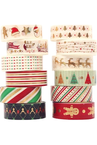 12 Rulo Noel Washi Bant Seti, Altın Maskeleme Bandı, İnce Dekoratif Renkli Bantlar, Noel Tasarımları, El Sanatları Bantları 1,5 Cm X 5 M 12