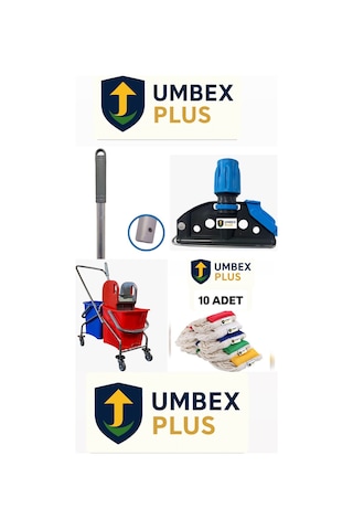 Umbex Çift Kovalı Krom Paspas Arabası Temizlik Arabası Islak Mop Seti 10 Adet Islak Mop