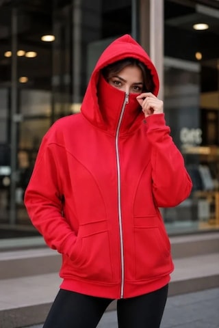 DefyModa Maskeli Ninja Model Çift Kapüşonlu 3 İplik Şardonlu Fermuarlı Oversize Sweatshirt - Kırmızı
