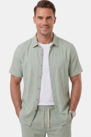 Deep Sea Deepsea Yeşil Slim Fit Çizgi Dokulu Keten Görünümlü Kısa Kol Erkek Spor Gömlek 2602648