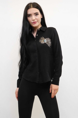 Sevgi Butik Moda Çizgi Taşlı Keten Gömlek Mc2301 Siyah 001