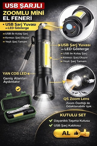 Usb Şarjlı Zoomlu Mini El Feneri Q5 Güçlü Işık Yan Cob Led Sos Mod Kutulu Taşınabilir