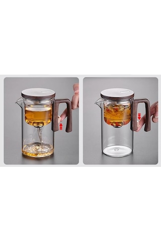 Qerhome Borosilikat Cam Ahşap Kapak Ve Sap Detaylı Mıknatıs Özellikli Lüks Bitki Çayı Demliği Ve 2 Adet Kupa 350 Ml Şeffaf