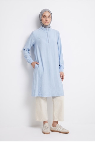Armine Trend Yarım Fermuarlı Kolları Lastikli Çilek Kumaş Tunik Mavi 26yt462