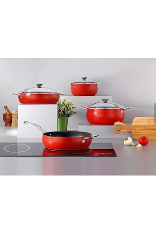 Bonera Pro Plus 7 Parça Titanyum Tencere Set Kırmızı İndüksiyonlu