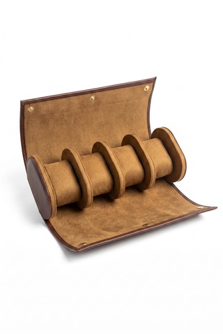4 Lü Deri Saat Kutusu Silindir Tasarım Taşınabilir Saat Saklama Organizer 24x11x7 Cm Taba