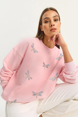 Shade Kadın Bisiklet Yaka Yusufcuk Taş İşlemeli Relaxed Sweatshirt 1558 60283660 - Şeker Pembe