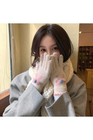 Kadın Soğuk Geçirmez Sevimli Eldiven Beyaz