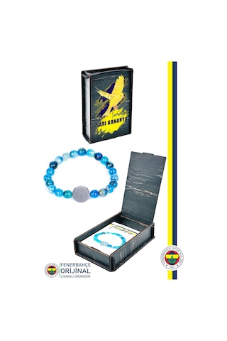 Fenerbahçe Lisanslı Fb Mavi Akik Fasetli Doğaltaş Bileklik Kanarya Baskılı Hediyelik Ahşap Kutulu